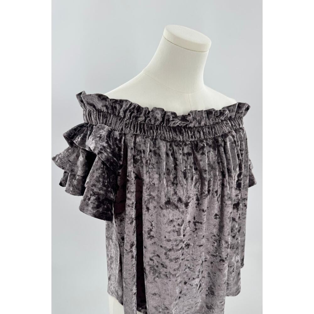 Umgee Gray Brown Crushed Velvet Off the Shoulder Swing Top Ruffle Medium